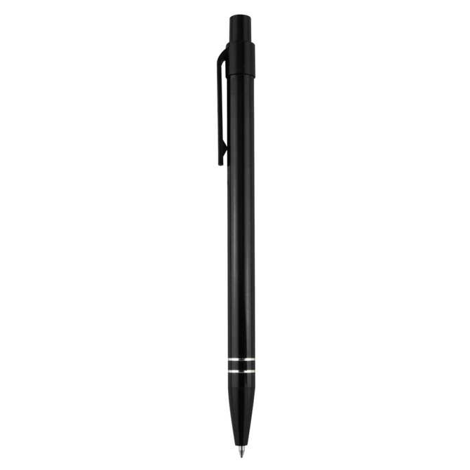 A black metal pen with a sleek design and a clip, featuring two silver stripes near the tip. It has a logo present.