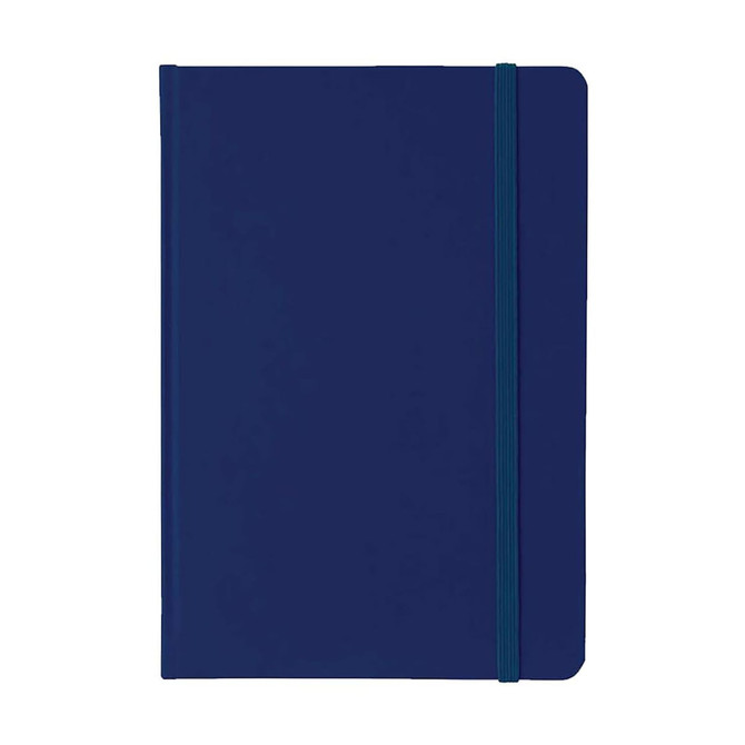 A5 PU notebook in navy blue, featuring a textured cover and an elastic band closure. Includes a logo on the front.