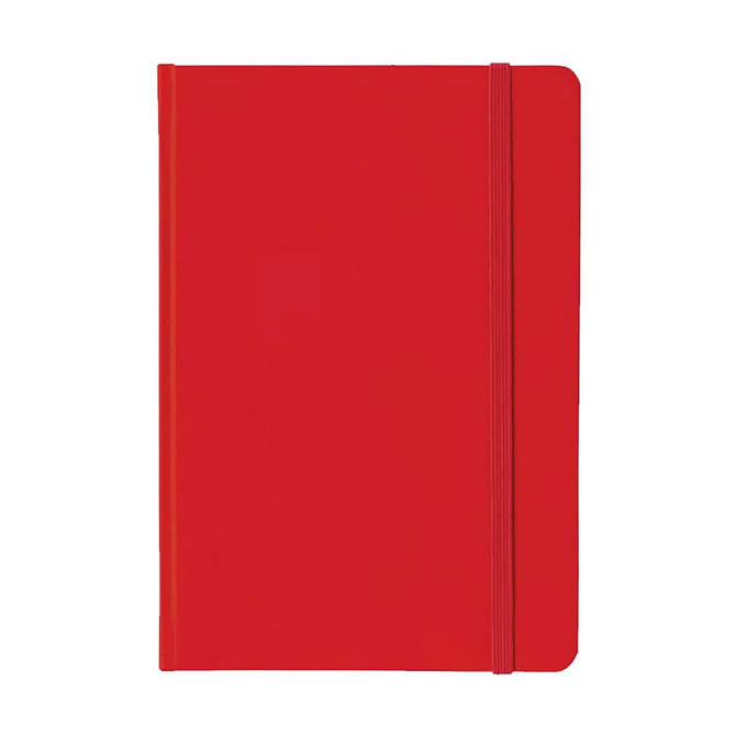 A5 PU notebook in vibrant red with a matching elastic band. Features a smooth cover and a branding logo.