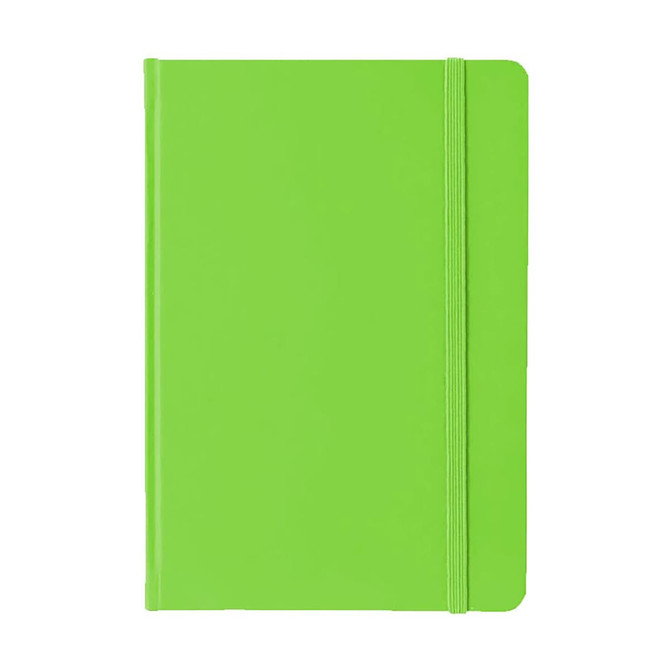 A5 PU notebook in bright green with an elastic band closure. Features a smooth surface and a logo.
