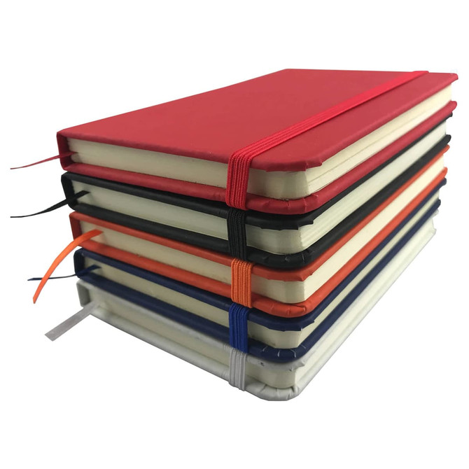 A6 Handy PU Notebooks in various colours stacked together, featuring elastic closures and ribbons.