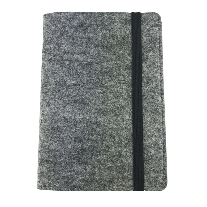 A grey felt notebook with a black elastic band, featuring a simple design and a logo on the cover.