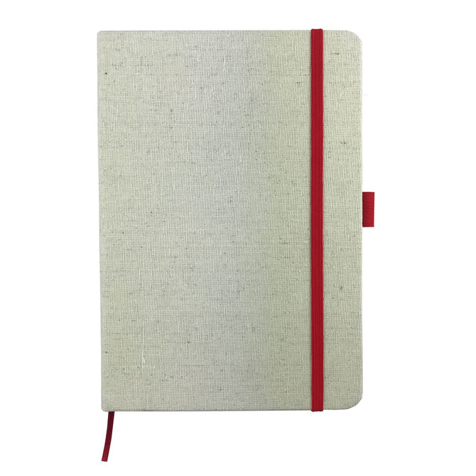 A cream-coloured A5 cotton notebook with a red elastic band and bookmark. Features a logo on the cover.