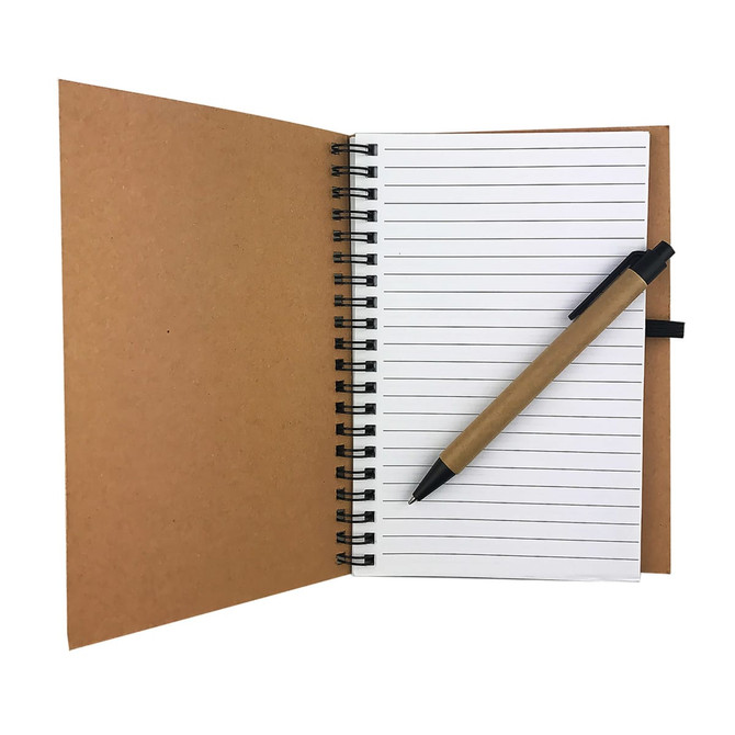 A cork notebook with a spiral binding and lined pages, accompanied by a brown pen. The cover is a natural cork colour.