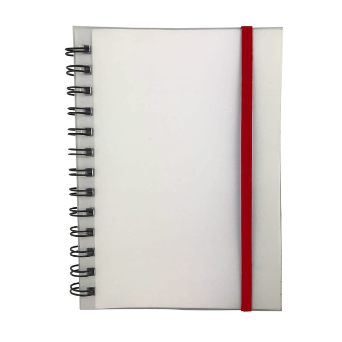 A spiral-bound notebook with a transparent cover and a red elastic band. Contains blank pages.