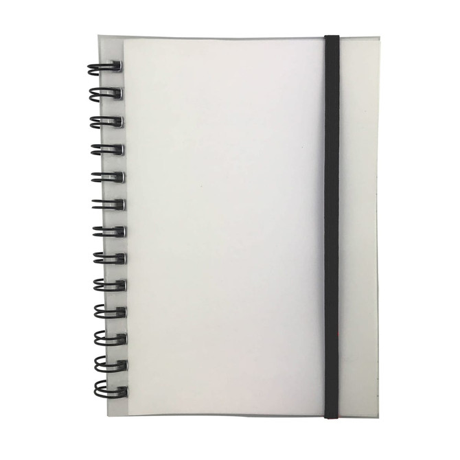 A spiral-bound, blank notebook with a transparent cover and a black elastic band.