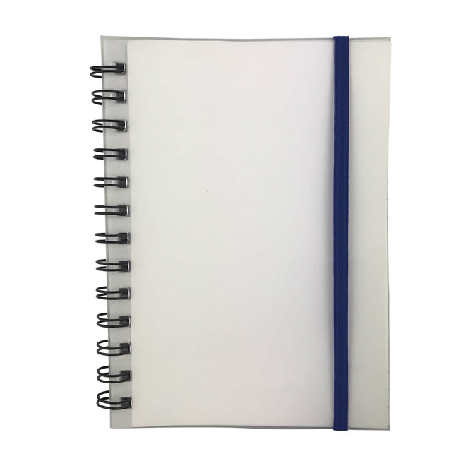 A spiral-bound notebook with a clear cover and a blue elastic band, featuring blank pages inside.