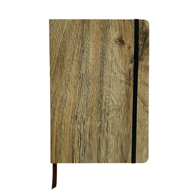 A5 wood-look notebook featuring a natural wood grain design, with a black elastic band and bookmark.