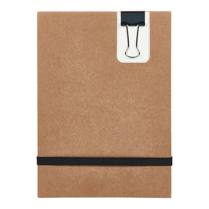 A brown Flexi Notebook featuring a binder clip and an elastic strap for secure closure.