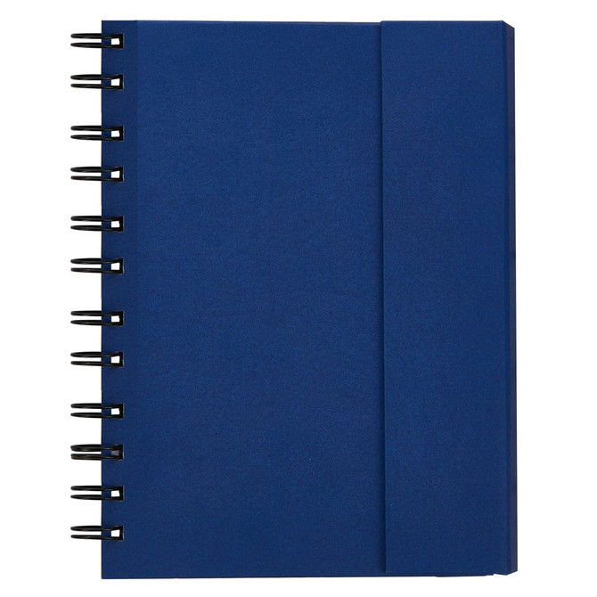 A navy blue notebook featuring a spiral binding and an elastic band closure. It has a simple design with a logo.