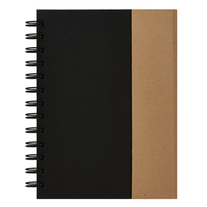 A notebook featuring a black cover with a brown kraft side, secured by a black spiral binding. It has a logo on the front.