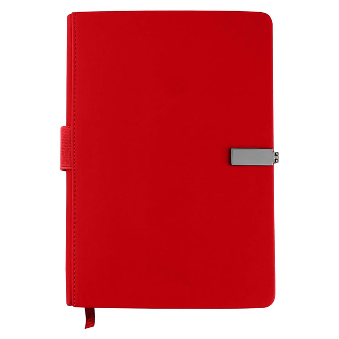 A red notebook with a clasp closure and a bookmark ribbon. The notebook features a logo on the front.