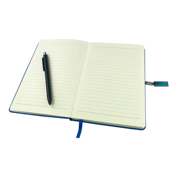 A blue notebook with lined pages, accompanied by a black pen and a small USB attachment.