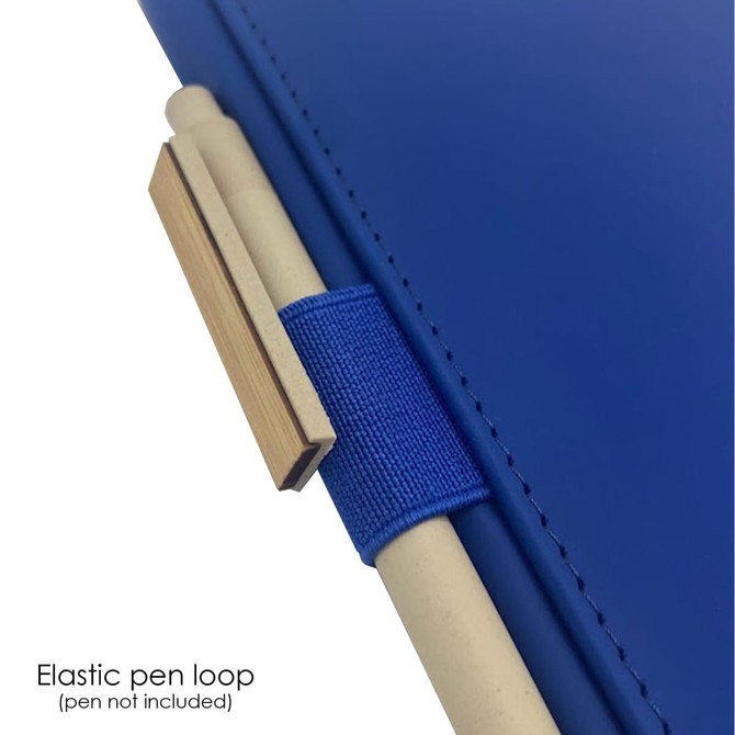 A blue notebook featuring a textured cover and an elastic pen loop for added convenience.