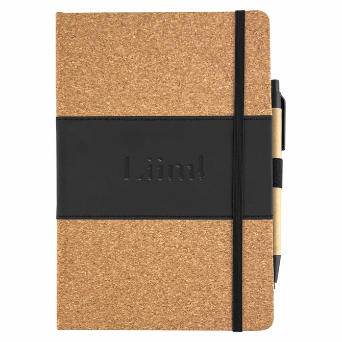 A cork notebook with a black elastic band and a pen attached, featuring a logo on the front.