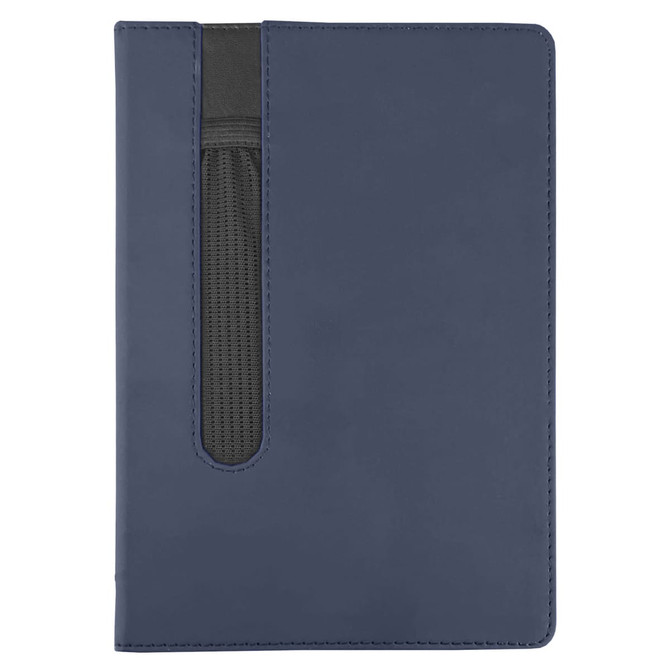 A navy Finch Notebook with a textured pocket design on the front cover. Features a logo.