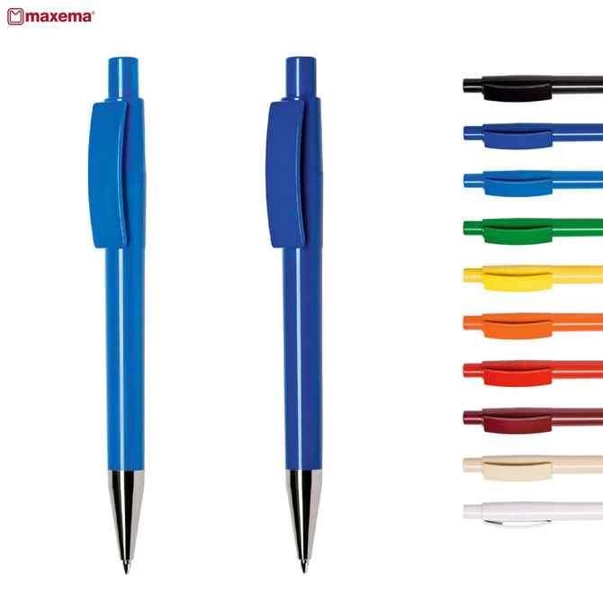 A set of plastic pens in various colours, featuring blue and black pens with clips and a logo on the top left.