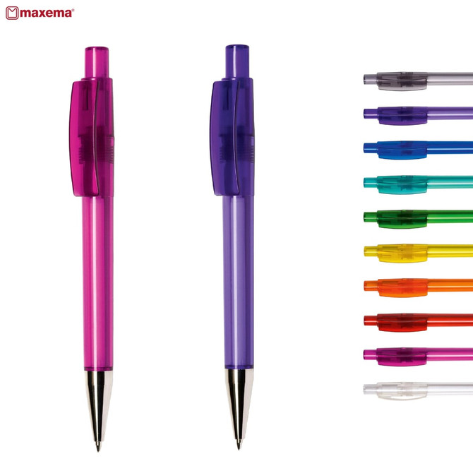 Two transparent plastic pens in pink and purple, alongside a range of brightly coloured pens including blue, green, orange, and more.