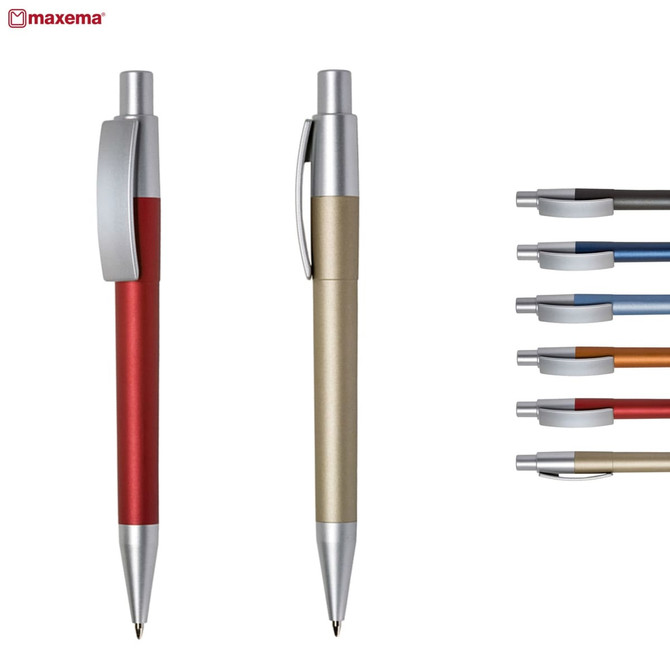 A set of plastic pens in red, gold, and various other colours, featuring sleek designs and silver accents.