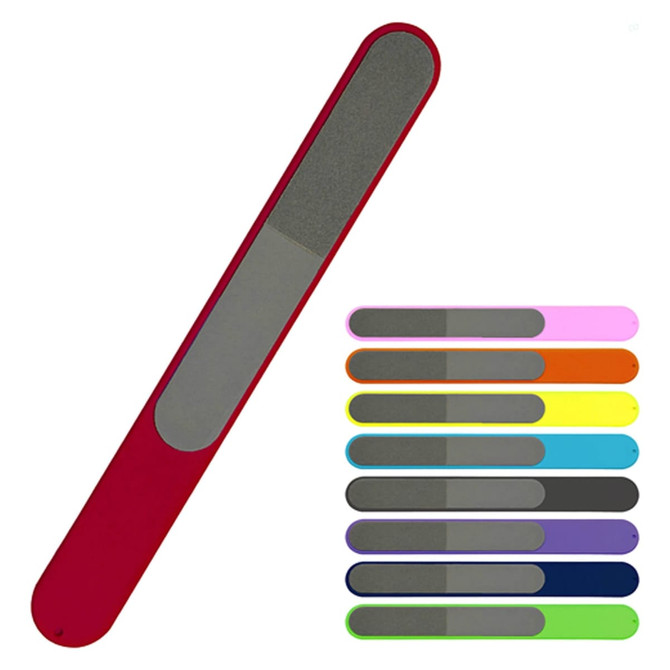A red nail file with a textured surface, accompanied by various coloured nail files in shades like pink, purple, and blue.