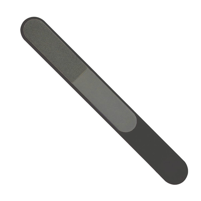 A nail file in grey with a smooth and gritty surface, featuring a simple design and logo.