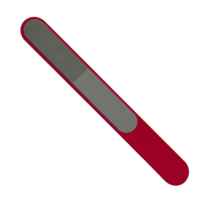 A red nail file featuring a textured surface and a smooth finish, designed for nail care.