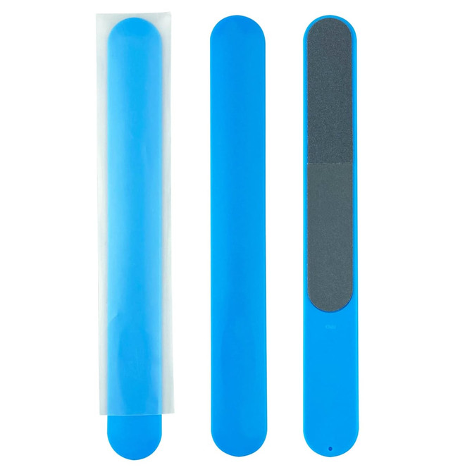 A blue nail file featuring a smooth side and a textured filing side, packaged in a protective sleeve.