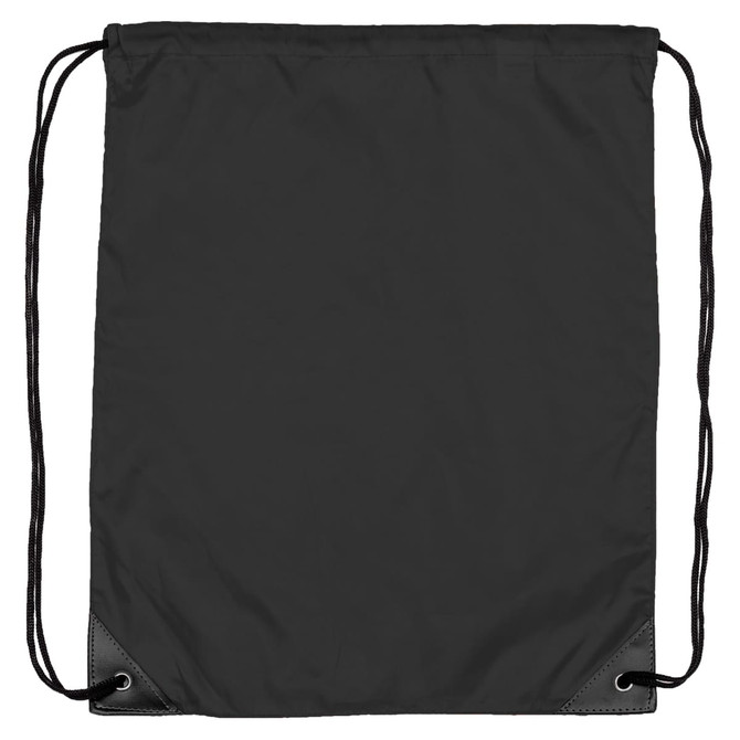 A black nylon backsack with drawstring closure and reinforced corners, featuring a branding logo.
