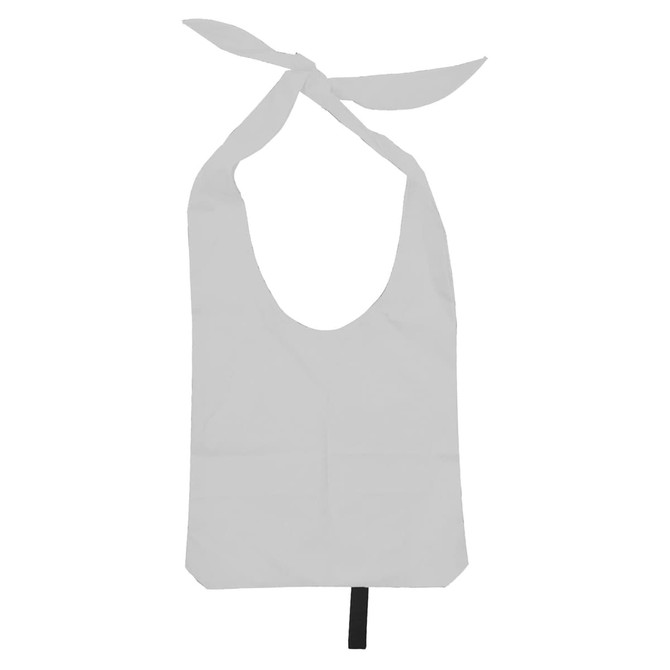 A white nylon sling bag with open handles and a knotted top, featuring a black accent.