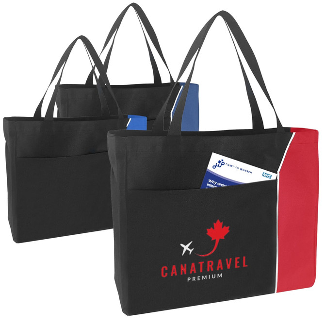 A set of three nylon tote bags in black, blue, and red, each featuring a logo and a front pocket.