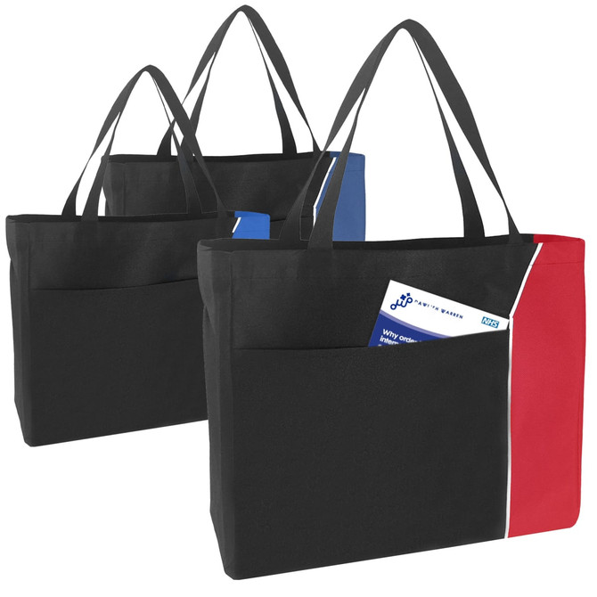 Three nylon shopper tote bags in black, blue, and red, each featuring a front pocket. Some have materials tucked inside.