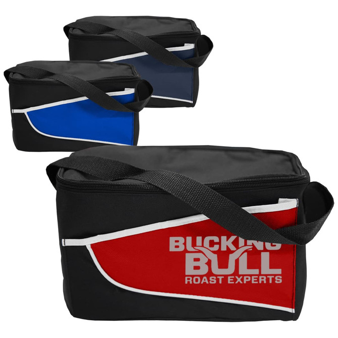A set of three nylon cooler bags in black, blue, and red, each featuring a logo on one side.