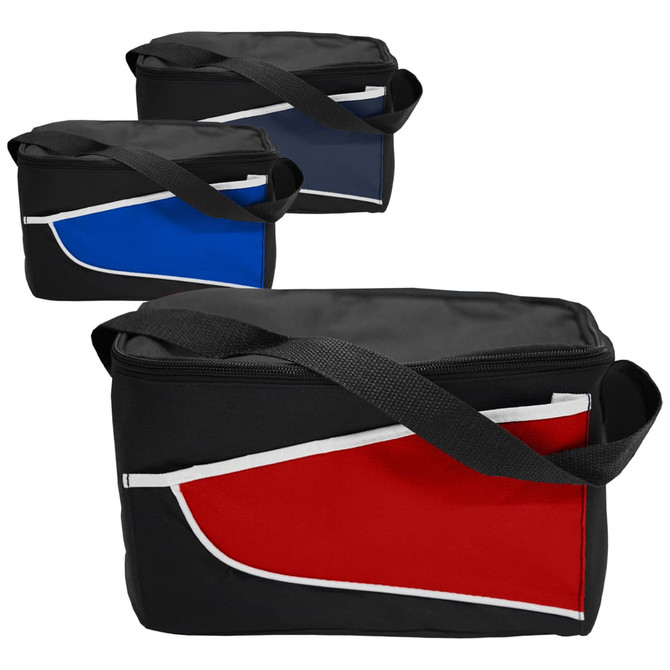 Nylon cooler bags in black, blue, and red, featuring a contrasting design and a shoulder strap. Each bag has a logo.