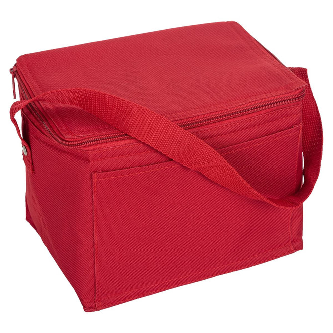 A red nylon cooler bag with a zip closure and an adjustable strap, featuring a pocket on the side and a logo.