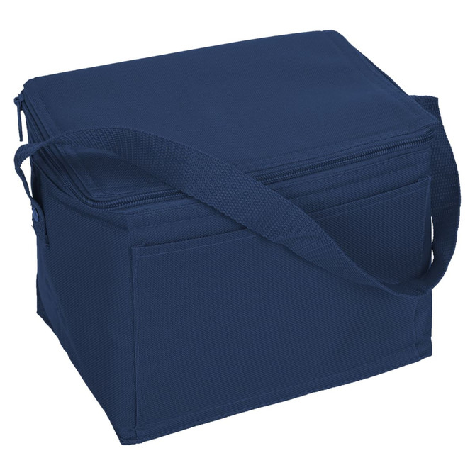 A navy blue nylon cooler bag with a zip closure and a shoulder strap, featuring a front pocket.