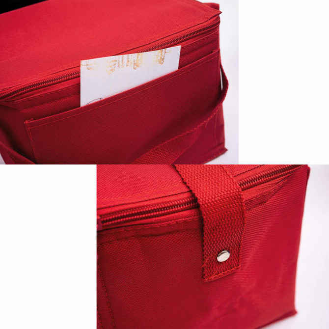 A red nylon cooler bag featuring a zip closure and a pocket on the side. Includes a logo branding.