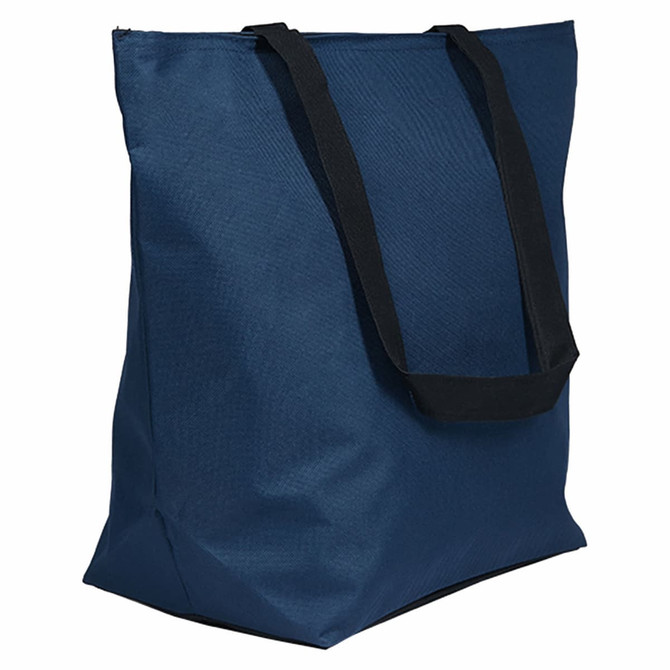 A navy blue tote bag with black handles, featuring a simple design and a logo.