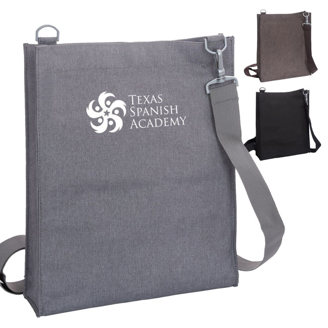 A grey nylon library bag with a shoulder strap and a logo, alongside brown and black variations.