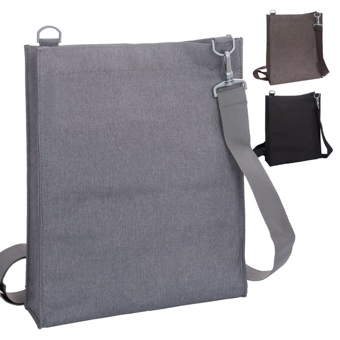 A grey nylon library bag with a shoulder strap and a metal clip, featuring a simple design. Other colour options are shown.