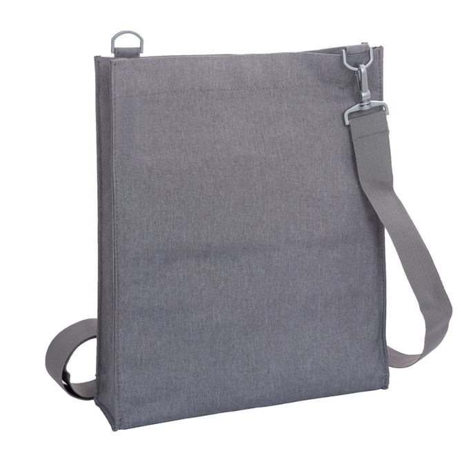 A grey nylon library bag with a adjustable strap and a clip. The bag features a simple, minimalistic design.
