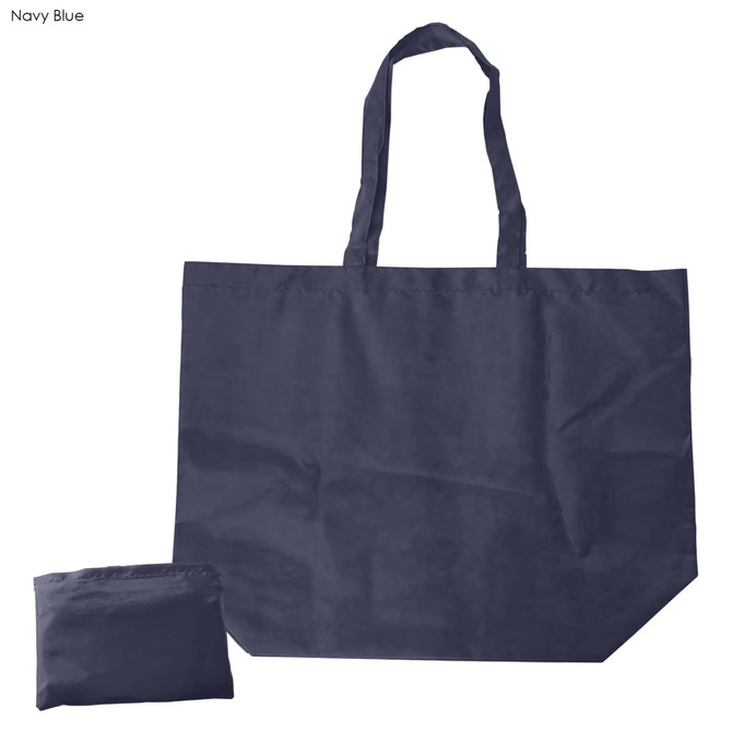 A navy blue nylon foldaway shopping bag with matching small pouch for storage. Features handles and a logo.