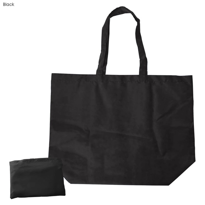 A black nylon foldaway shopping bag with handles, folded into a compact size for storage.