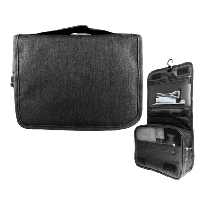 A black toiletry bag with a hook, featuring multiple compartments and a zipper. It has a simple, modern design.