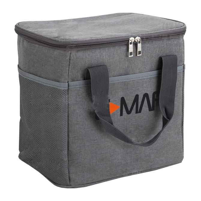 A grey nylon cooler bag with a zippered top and sturdy handles, featuring a logo on the front.