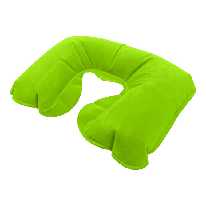 A vibrant green travel neck pillow with a U-shape design, featuring a soft, plush exterior and ergonomic support.