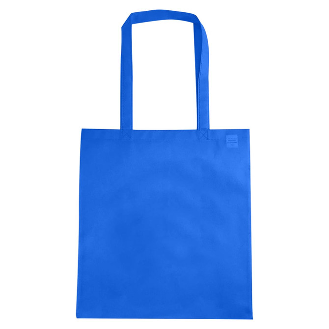 A blue non-woven reusable grocery bag without a gusset, featuring two sturdy handles and a branded logo.
