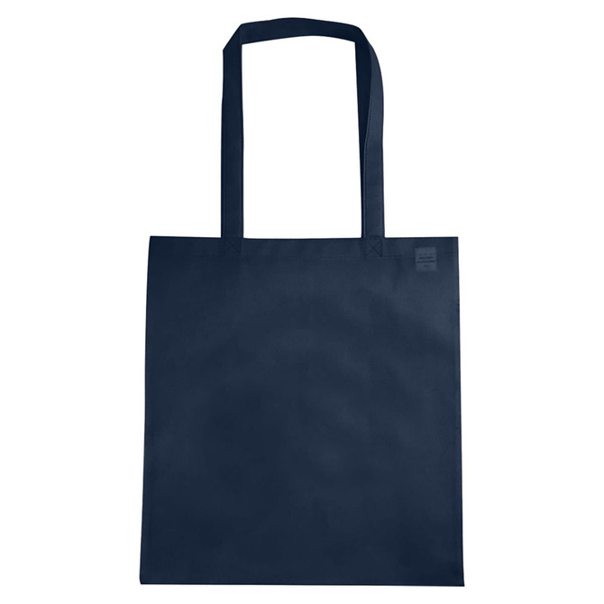 A navy non-woven tote bag with a V gusset and dual handles, featuring a logo.
