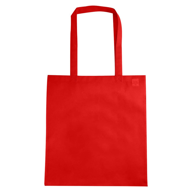 A red non-woven tote bag with a V gusset and shoulder straps, featuring a logo.