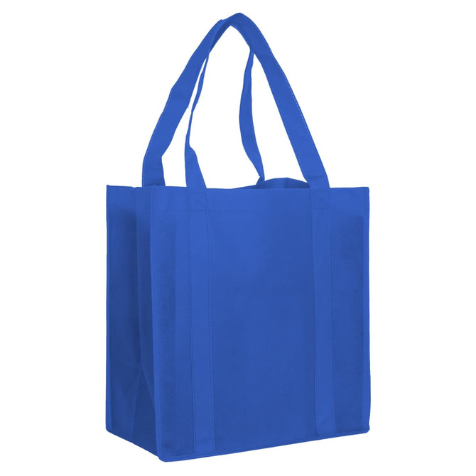 A blue non-woven shopping bag with two sturdy handles and a square base, featuring a logo.