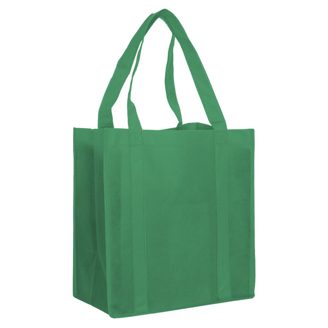 A green non-woven shopping bag with two handles and a simple design.